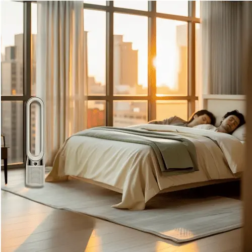 Ventilateur Dyson TP10 dans une chambre moderne, couple endormi au calme – solution contre les nuits chaudes et