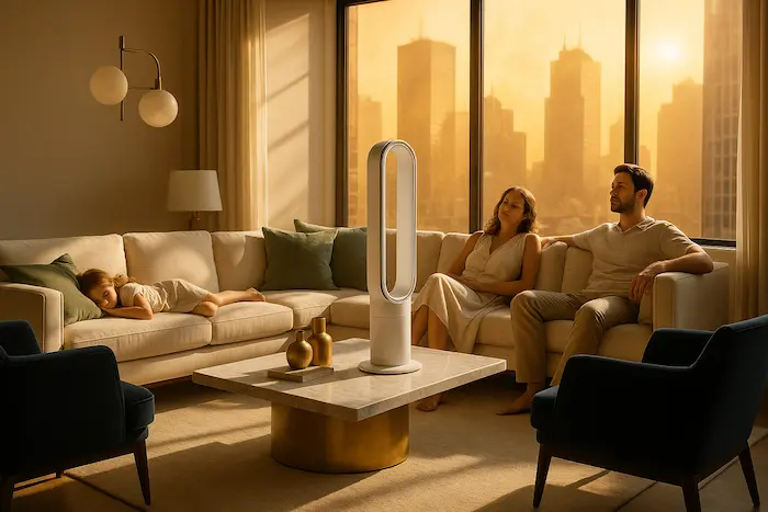 Scène familiale en pleine canicule d’été avec un Dyson TP10 au centre d’un salon élégant, assurant fraîcheur et confort