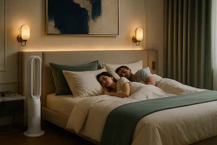 Couple dormant paisiblement dans une chambre élégante équipée d’un ventilateur Dyson TP10 sans pales, de