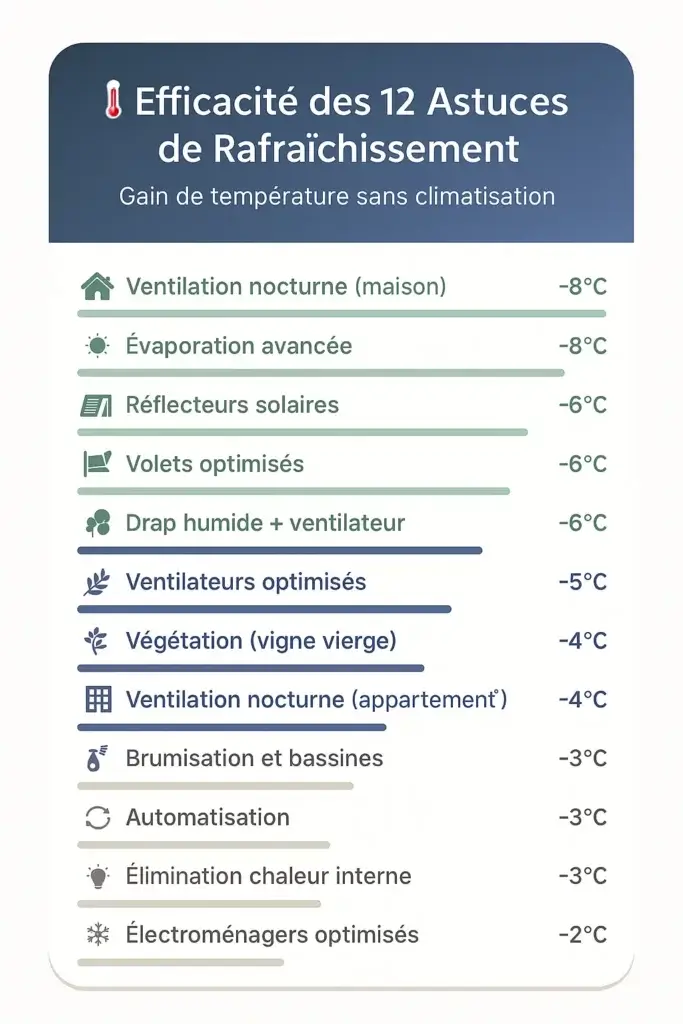 Classement des 12 techniques naturelles de rafraîchissement par efficacité, de la ventilation nocturne (-8°C) aux électroménagers optimisés (-2°C)