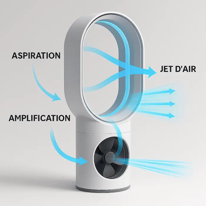 Diagramme illustrant le principe de fonctionnement d’un ventilateur sans pales avec aspiration, amplification et jet d’air