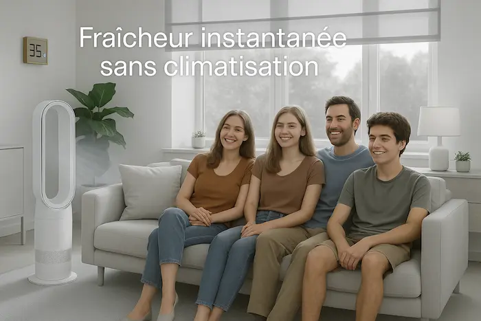 Famille détendue dans salon moderne avec ventilateur sans pales par 35°C sans climatisation