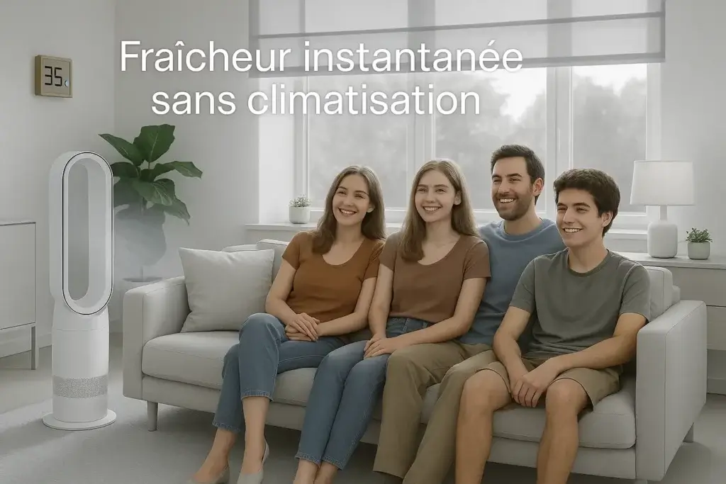 Famille détendue dans salon moderne avec ventilateur sans pales par 35°C sans climatisation