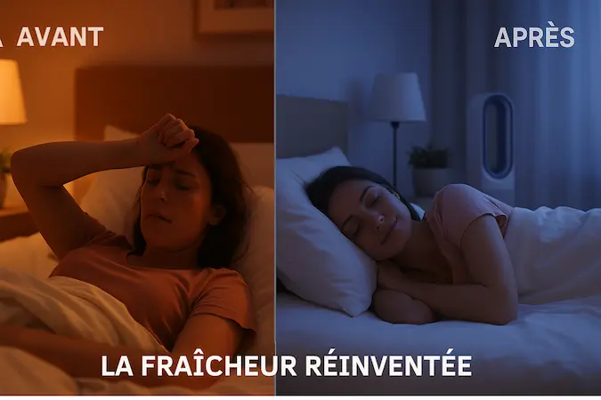 Comparaison visuelle avant/après : à gauche, femme dérangée par la chaleur en dormant ; à droite, sommeil paisible dans une chambre fraîche grâce à un ventilateur purificateur 2-en-1.
