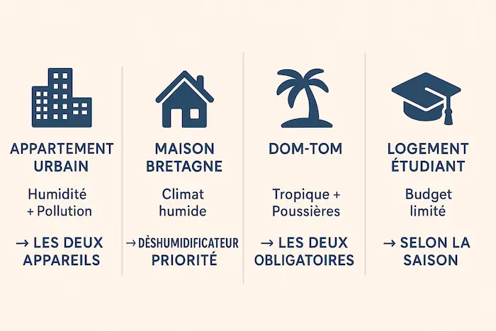 Guide choix déshumidificateur purificateur selon situation : appartement urbain, maison Bretagne, DOM-TOM, logement étudiant