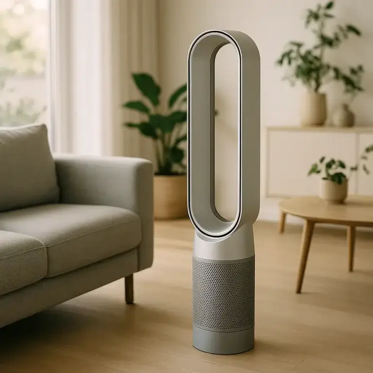 Ventilateur sans pales moderne dans salon contemporain - guide comparatif des meilleurs modèles 2025