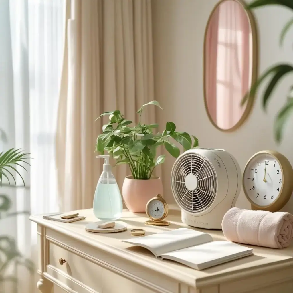 Kit anti-canicule posé sur meuble en bois clair avec ventilateur, serviette, plante verte et carnet dans une chambre lumineuse – été 2025