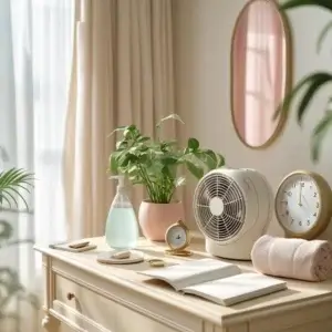 Kit anti-canicule : guide interactif complet Kit anti-canicule posé sur meuble en bois clair avec ventilateur, serviette, plante verte et carnet dans une chambre lumineuse – été 2025