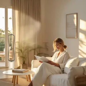 Ventilateur sans pales : fonctionnement, avantages et inconvénients (guide complet) Femme lisant dans un salon lumineux avec un ventilateur sans pales silencieux à proximité
