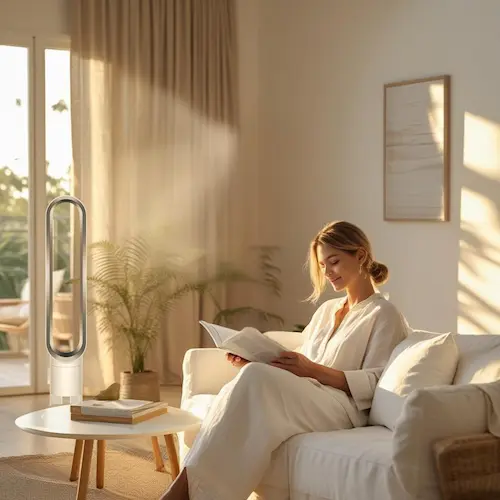 Femme lisant dans un salon lumineux avec un ventilateur sans pales silencieux à proximité