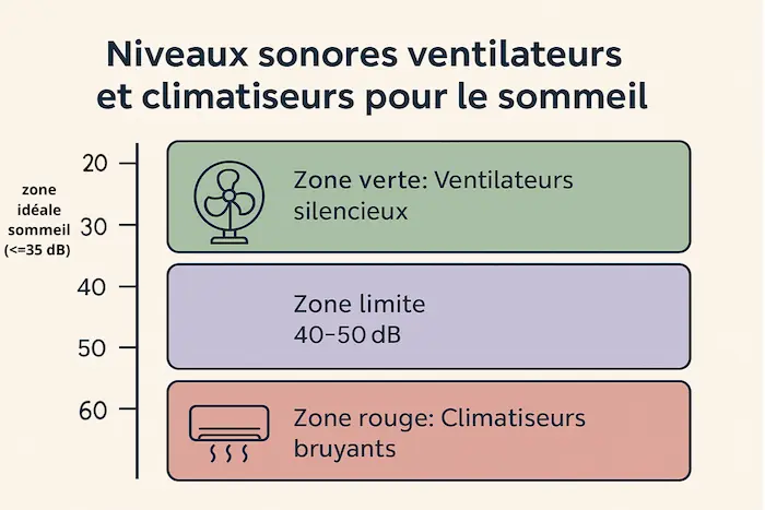 Échelle des niveaux sonores ventilateurs et climatiseurs pour le sommeil avec zones verte orange rouge