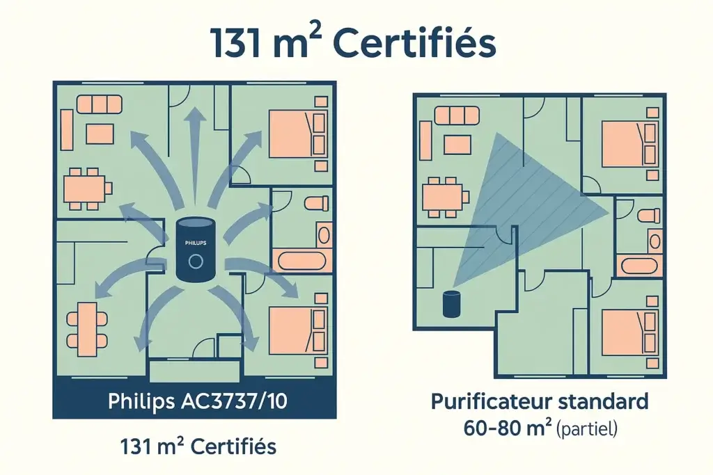 Philips AC3737/10 couverture complète 131m2 vs purificateur standard partiel plan