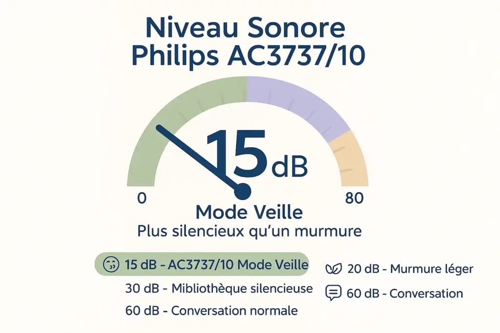 Philips AC3737/10 niveau sonore 15dB mode veille silencieux murmure infographie comparaison