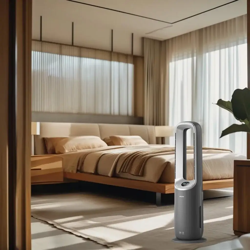 Philips AMF870/15 ventilateur purificateur sans pales dans chambre moderne beige avec lit en bois, rideaux naturels et éclairage doux, alternative climatisation été 2025