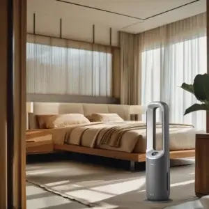 Philips AMF870/15 : ventilateur purificateur intelligent pour bien dormir l’été Philips AMF870/15 ventilateur purificateur sans pales dans chambre moderne beige avec lit en bois, rideaux naturels et éclairage doux, alternative climatisation été 2025