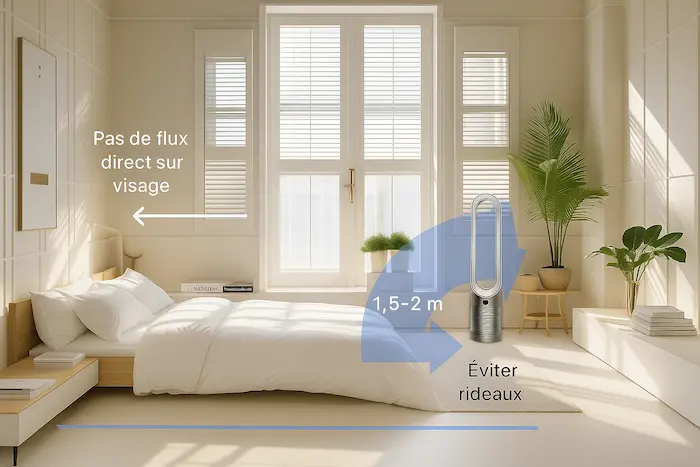 Chambre moderne et lumineuse avec ventilateur sans pales Dyson positionné à distance du lit, près d’une plante. Illustration du placement idéal pour un rafraîchissement sans courant d’air direct.
