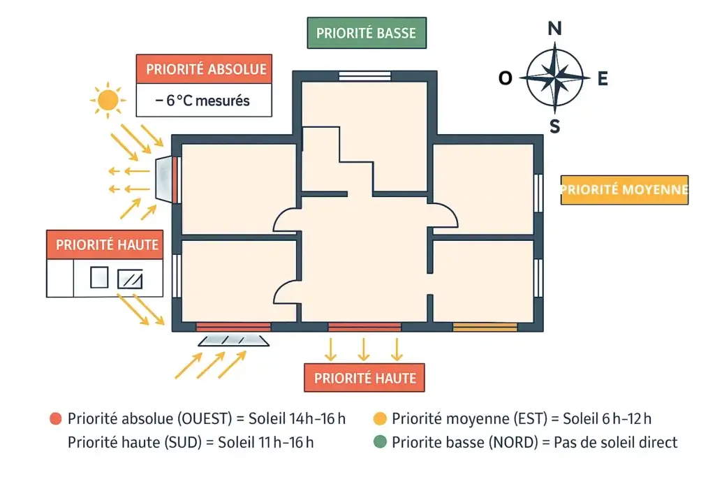Plan architectural vue du dessus montrant le placement optimal des réflecteurs solaires selon l'orientation des fenêtres. Priorité absolue pour les fenêtres ouest (soleil 14h-19h), priorité haute pour le sud (11h-16h), permettant un gain de -6°C de rafraîchissement naturel sans climatisation.