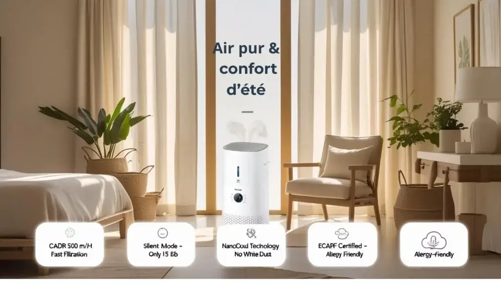Purificateur d'air Philips AC3737/10 dans une chambre moderne avec lumière naturelle, mobilier en bois clair et plantes vertes. Mise en avant des caractéristiques : CADR 500 m³/h, mode silencieux 15 dB, technologie NanoCloud sans poussière blanche, certification ECARF anti-allergies.