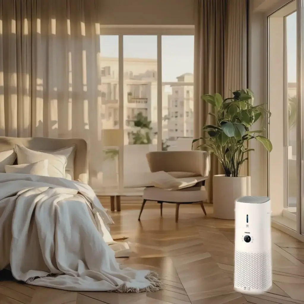 Purificateur d’air Philips AC3737/10 intégré dans une chambre lumineuse et décorée avec chaleur en été, placé près d’une plante verte et d’une baie vitrée, illustrant un environnement sain et apaisant.