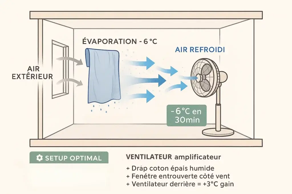 Schéma technique montrant la méthode du drap humide pour rafraîchir naturellement. Un drap coton humide suspendu devant une fenêtre entrouverte crée un refroidissement par évaporation, amplifié par un ventilateur placé derrière pour un gain de -6°C en 30 minutes sans climatisation.
