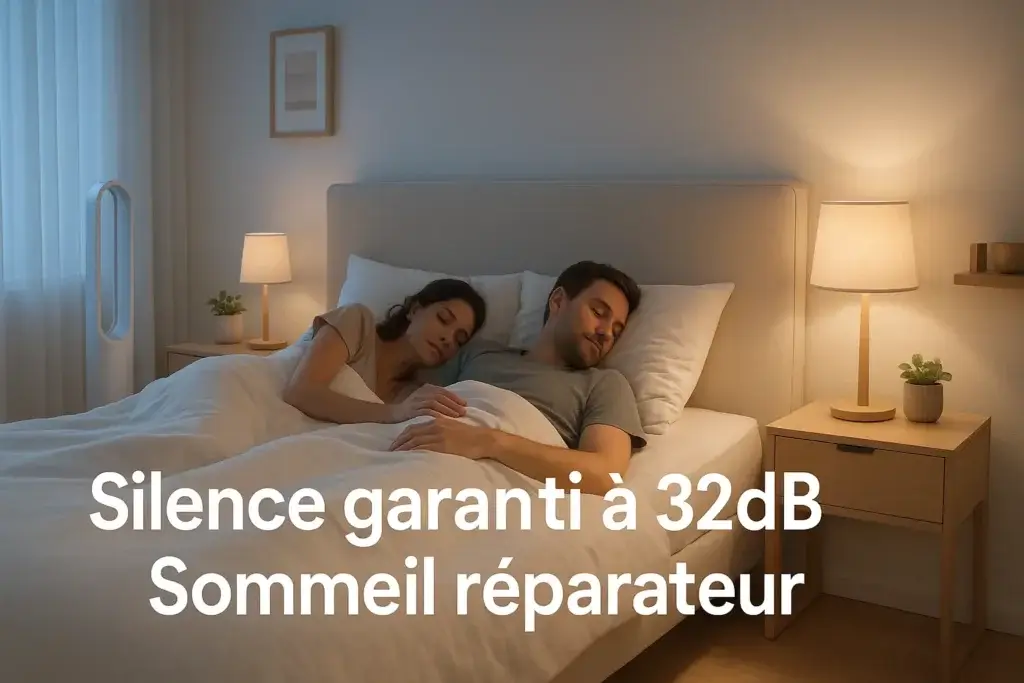 Couple dormant paisiblement dans chambre moderne avec ventilateur sans pales silencieux à 32dB