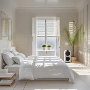 Chaleur nocturne ? Découvrez les alternatives 2-en-1 à la clim Ventilateur moderne dans une chambre lumineuse et haut de gamme, utilisé comme solution naturelle pour rafraîchir l’air sans climatisation