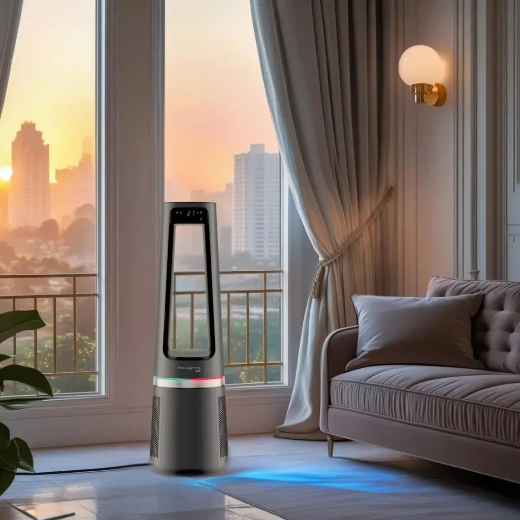 Vue d’un ventilateur sans pales installé dans un salon élégant au coucher du soleil, face à une baie vitrée ouverte sur une ville chaude. L’intérieur est frais, moderne et confortable. Ambiance haut de gamme et détente.