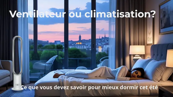 Femme dormant paisiblement dans une chambre fraîche au coucher du soleil, avec ventilateur sans pale Dyson en premier plan – illustration du guide 2025 pour mieux dormir sans climatisation.