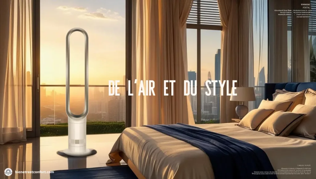 Ventilateur sans pales design placé dans une chambre élégante, au lever du soleil, avec slogan "De l’air et du style"