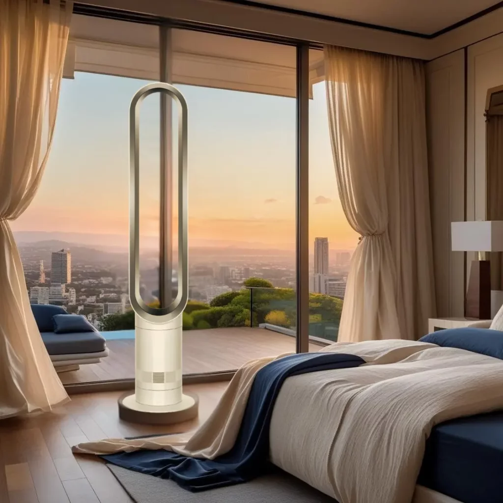Ventilateur tour sans pales installé dans une chambre design haut de gamme avec grandes baies vitrées et vue panoramique – ambiance calme au lever du jour