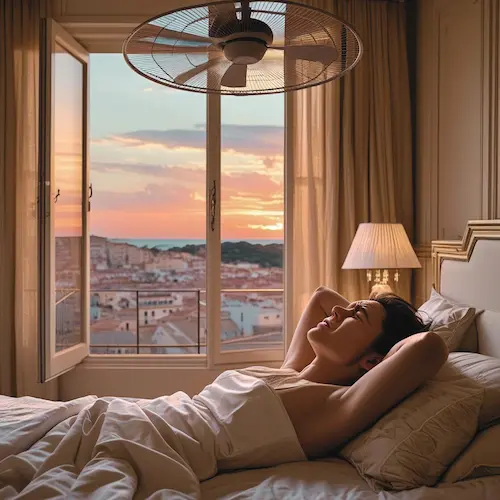 Femme allongée dans une chambre chaude au coucher du soleil, ventilateur au plafond et vue sur les toits d’une vieille ville – illustration du manque de fraîcheur malgré l'aération.