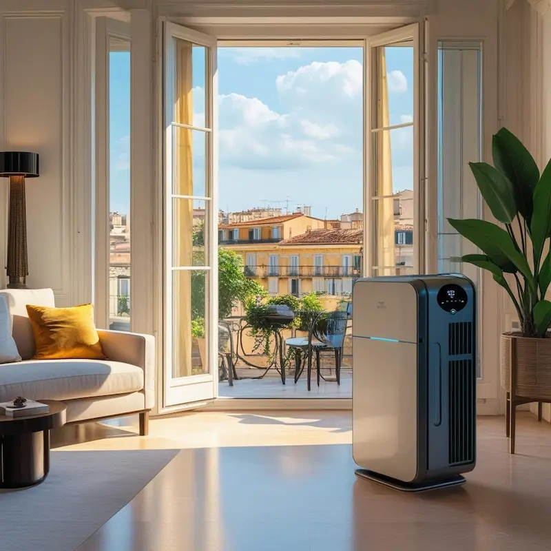 Purificateur ou déshumidificateur d’air dans un salon lumineux à Nice, avec vue sur l’extérieur chaud et ensoleillé — contraste entre confort intérieur et canicule urbaine