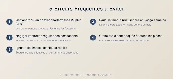 Résumé visuel des 5 erreurs fréquentes à éviter avec un appareil 2-en-1 : surévaluer les performances, négliger le bruit, l’entretien, la surface et les limites techniques.