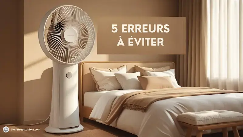 Ventilateur sur pied silencieux dans une chambre beige avec texte "5 erreurs à éviter