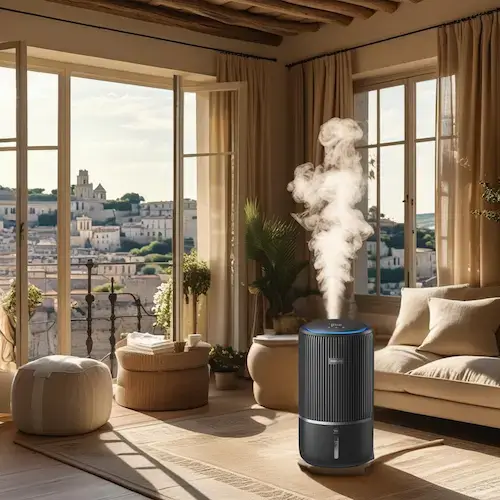 Appareil d’humidification design dans un salon lumineux du Sud de la France
