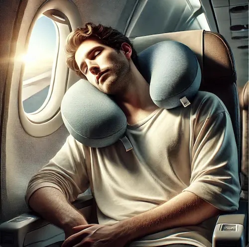 Homme dormant confortablement dans un avion avec un oreiller ergonomique de voyage autour du cou.