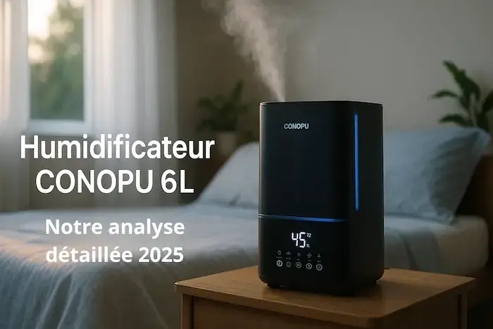 Humidificateur CONOPU 6L noir avec écran LED 42% et brume visible dans chambre moderne - Test complet 2025 bienetreetconfort.com