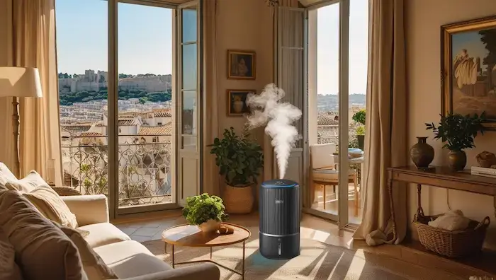 Purificateur-humidificateur Philips AC3421/13 en fonctionnement dans un salon lumineux avec vue sur les toits et monuments de Nîmes. Intérieur premium, ambiance provençale, brume fine d’humidification en action.