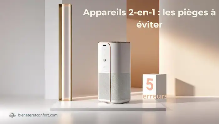 Illustration d’un appareil 2-en-1 pour la maison avec le texte “Appareils 2-en-1 : les pièges à éviter” et un cube affichant “5 erreurs”