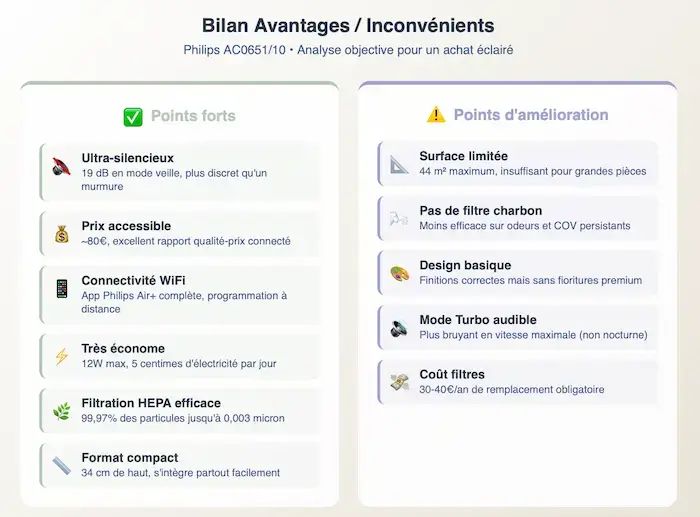 Infographie avantages inconvenients Philips AC0651/10 - silencieux 19dB economique 80 euros connecte WiFi limite 44m2 sans charbon actif