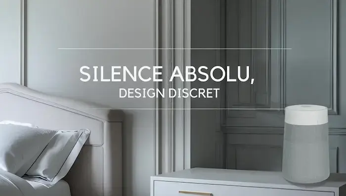 Blueair 511iMax posé sur une table de nuit dans une chambre élégante, slogan “Silence absolu, design discret