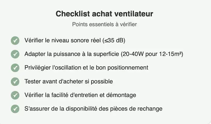 Checklist des 6 points essentiels pour bien choisir un ventilateur de chambre : vérifier niveau sonore 35dB, adapter puissance 20-40W, privilégier oscillation, tester avant achat, vérifier entretien et disponibilité pièces