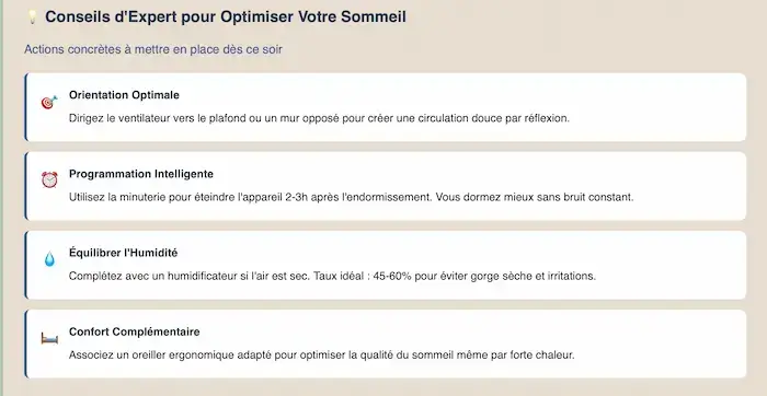 Conseils pratiques pour améliorer le sommeil malgré un ventilateur : orientation, programmation, humidité, confort ergonomique