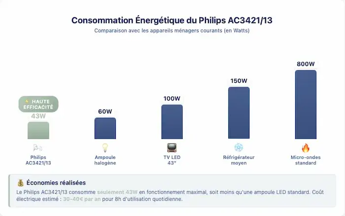 Graphique en barres comparant la consommation du Philips AC3421/13 (43W) avec d'autres appareils ménagers : ampoule halogène 60W, TV LED 100W, réfrigérateur 150W et micro-ondes 800W. Badge haute efficacité visible au-dessus de la barre Philips.