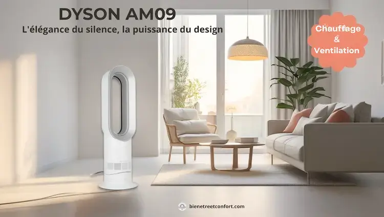 Ventilateur chauffant Dyson AM09 sans pales dans un salon moderne, élégant et silencieux – visuel du mode chauffage et ventilation