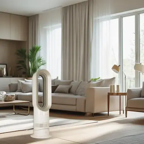 Dyson AM09 posé dans un salon lumineux et beige, illustrant son intégration esthétique et sa fonction chauffage