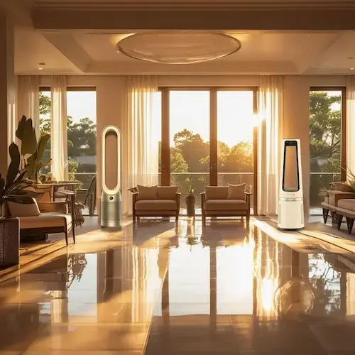 Dyson TP10 et Rowenta Eclipse intégrés dans un salon haut de gamme au coucher du soleil – comparatif visuel 2025 des ventilateurs silencieux premium.