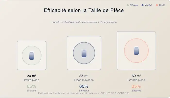 Infographie efficacité appareil 2-en-1 selon taille pièce 20m2 35m2 60m2 pourcentage performance décroissante