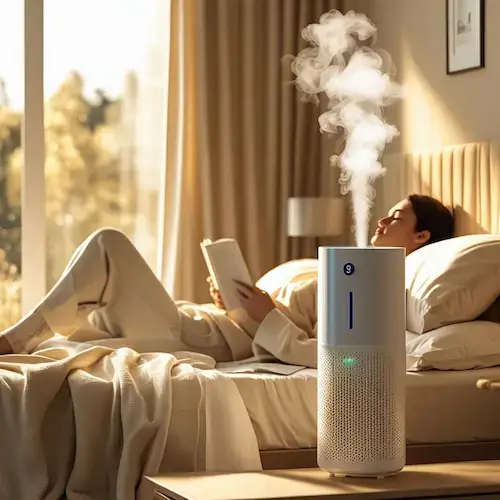 Image de confort intérieur avec un appareil 2 en 1 en fonctionnement dans une chambre, symbole d’un air sain et apaisant