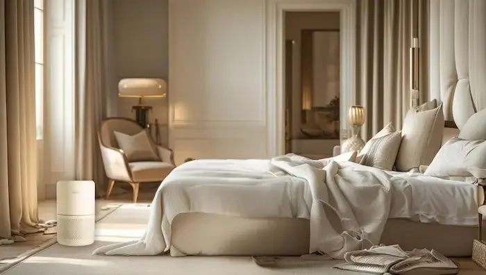 Purificateur d’air Levoit Core 300S dans une chambre élégante et lumineuse, discret et silencieux.